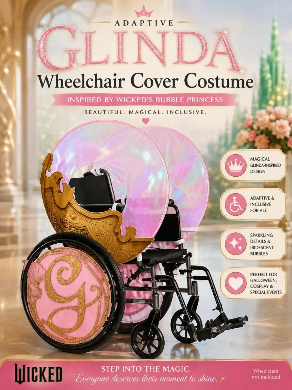 Adaptive Wicked Glinda Wheelchair Cover Costume Pink Bubble Princess